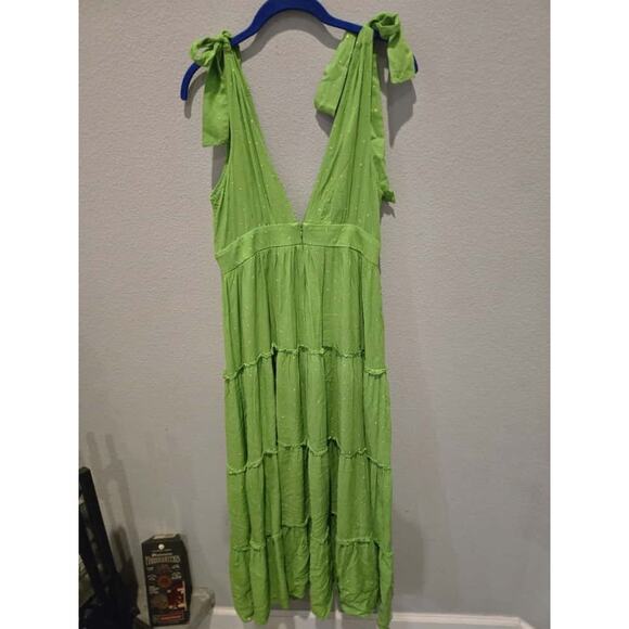 Ave Rara Women's M Lime Green Tiered Maxi Dress Tie Straps Boho Party Brazil - Picture 6 of 9